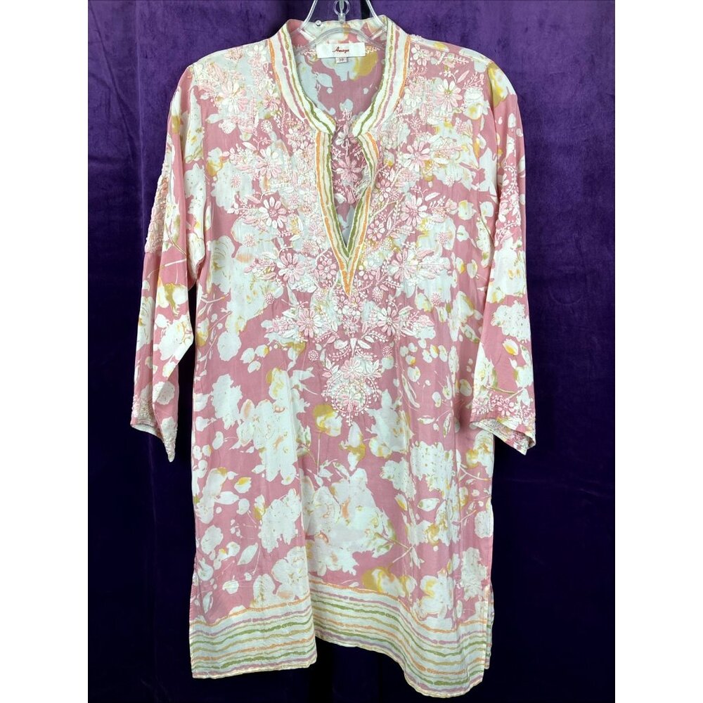 NWOT 100% Silk Amaya Lagenlook Tunic Top Pink Floral Embroidery